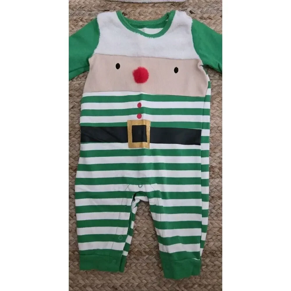Holiday‎ Time Elf Romper Infant Outfit w/ Hat 6-9 Months Green White Stripes